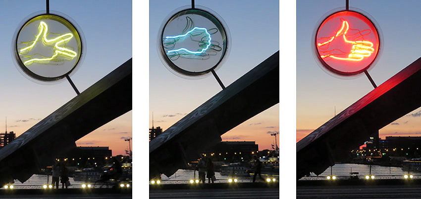 'Rock, paper, scissors' - an installation on Berlin's  Oberbaumbrücke bridge