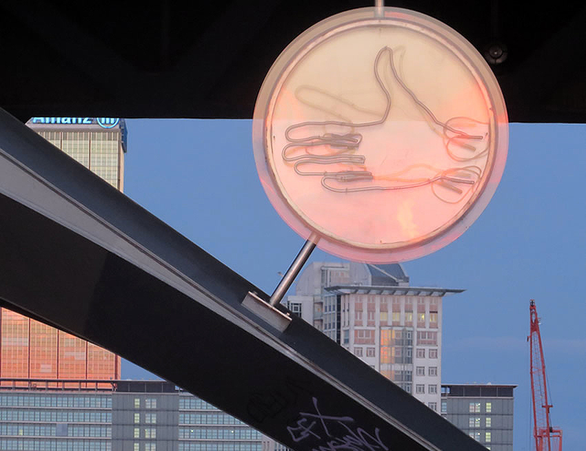 Berlin's Oberbaumbrücke bridge - and a neon installation that plays 'rock, paper, scissors' nightly