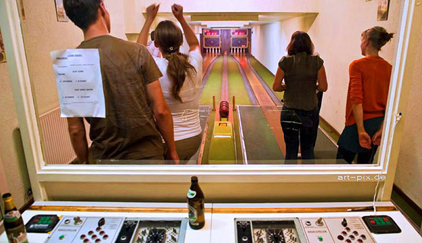 The nine-pin bowling lanes in Berlin's Kugelbahn bar
