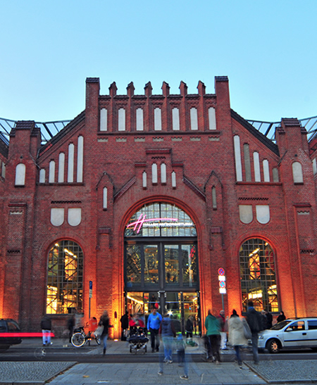 Entrance to the Hallen am Borsigturm shopping centre, housed in historical industrial workshops 
