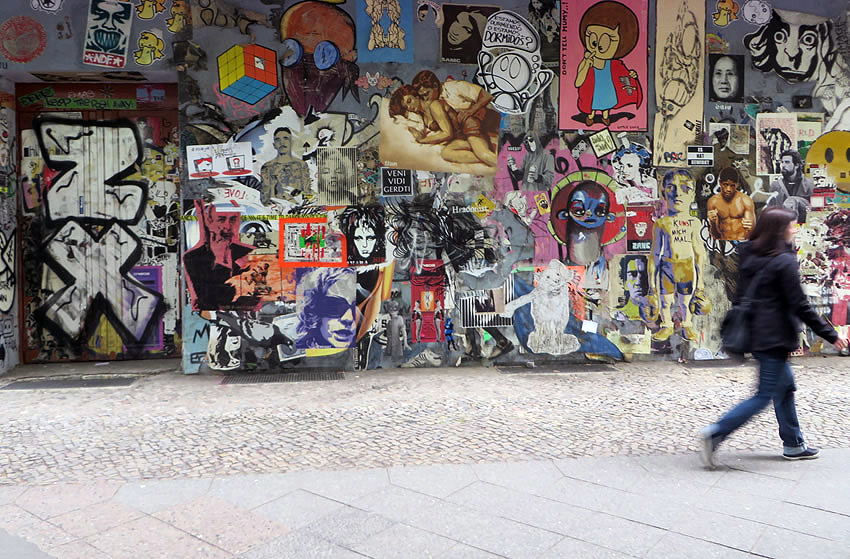 Graffiti and street art adorn the walls of Berlin's Kino Intimes