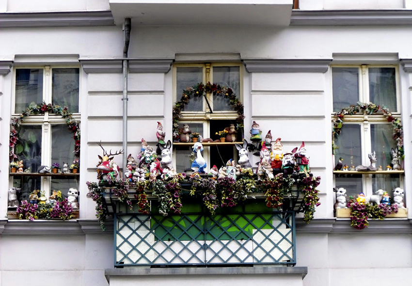 Berlin's cutest balcony - a gathering of gnomes and woodland creatures in Prenzlauer Berg
