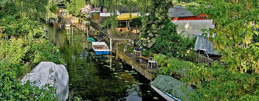 The waterways and canals of Berlin's Little Venice at Spandau's Tiefwerder