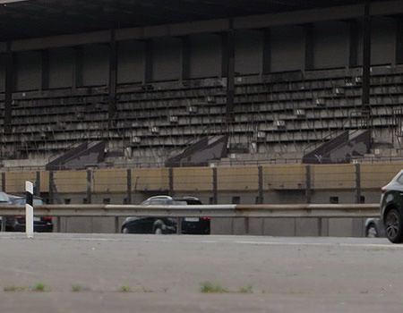 Berlin's abandoned AVUS grandstand and remains of the former racetrack