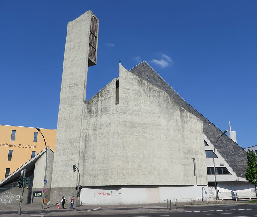 Brutalist architectural elements to this Schoeneberg church - the fortress-like bulk of St Norbert's, Berlin