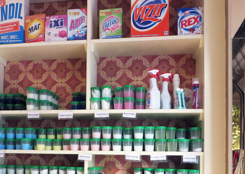 Cleaning products and a cafe at Freddy Leck sein Waschsalon - a funky Moabit, Berlin laundromat