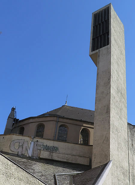 The startling, sculptural bell-tower of St Norbert's Catholic church, Berlin