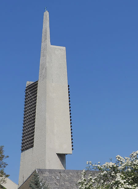 The sculptural concrete bell-tower of Paul-Gerhardt-Kirche church, Berlin