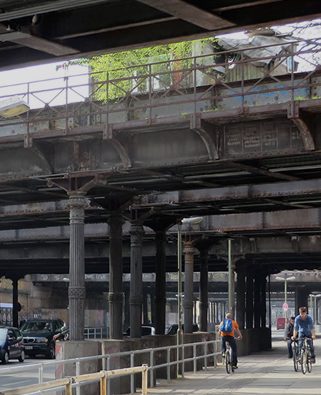 Undergrowth and vegetation on Yorckstrasse's disused railway bridges